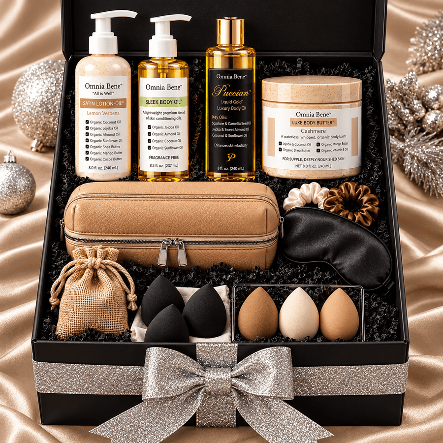 Women's Extra-Large VIP Holiday Gift Box showcasing luxurious skincare products and a stylish Italian leather travel case.