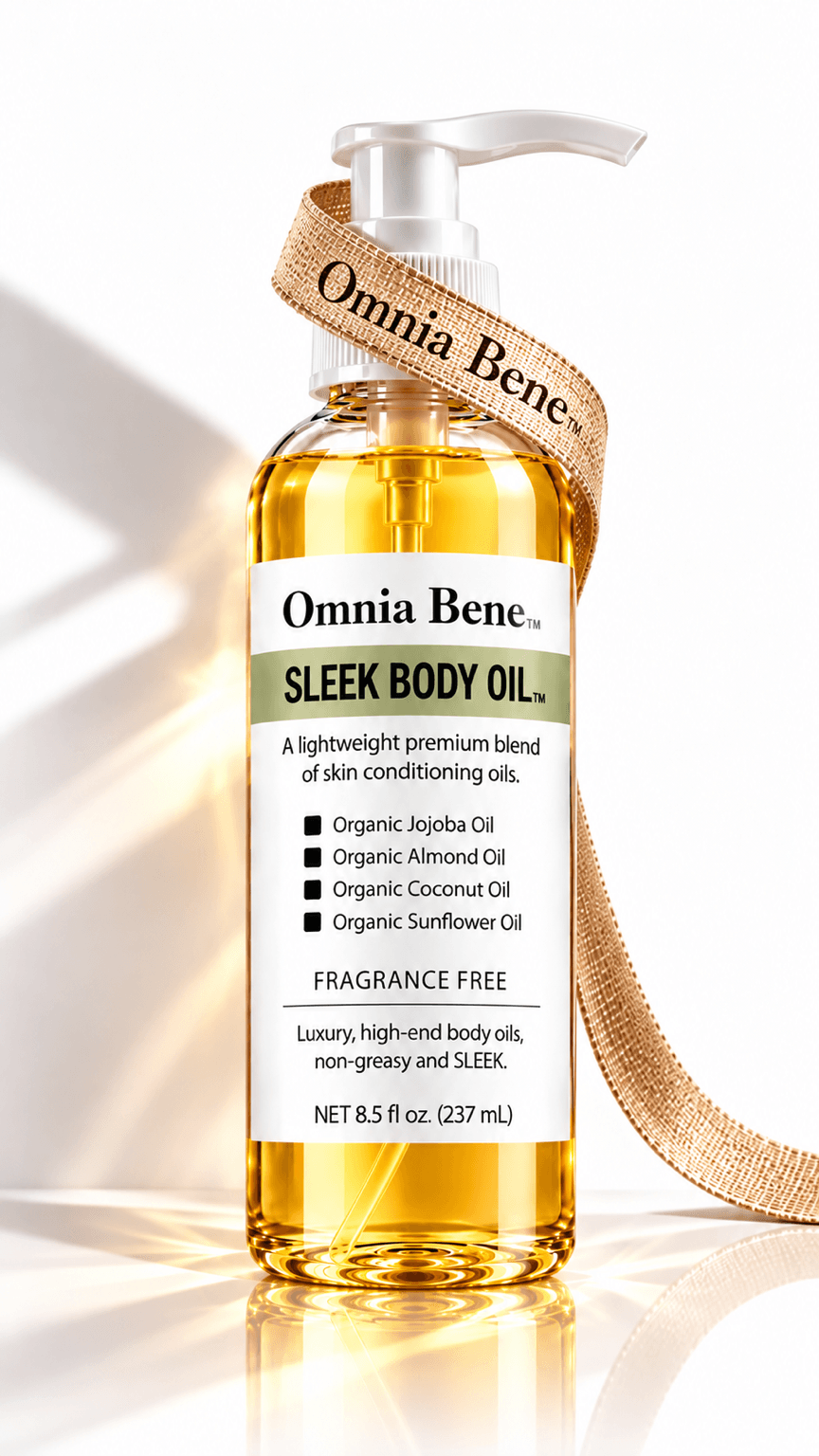 Omnia Bene SLEEK Body Oil, fragrance free, in an 8.5 fl oz pump bottle wrapped with an Omnia Bene ribbon.