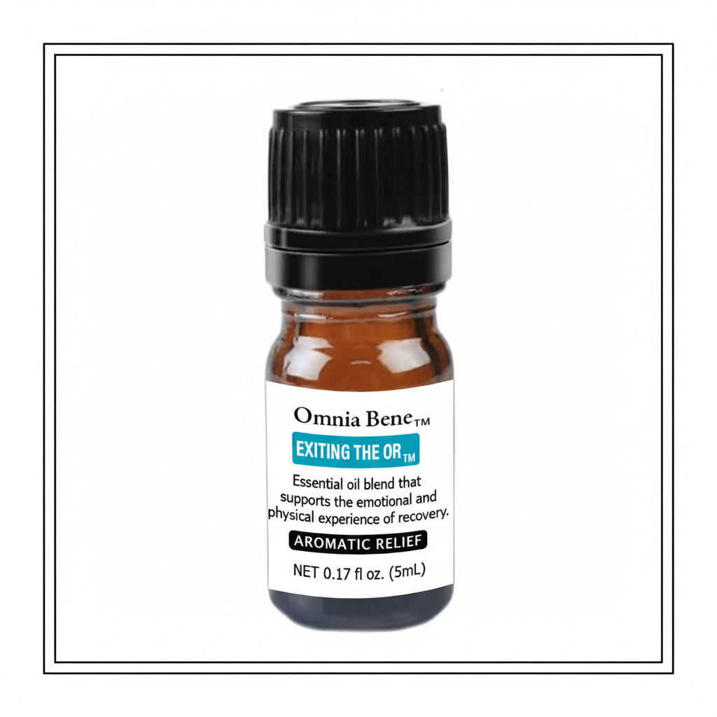 Essential oil bottle labeled 'Omnia Bene' Exiting the OR on a white background