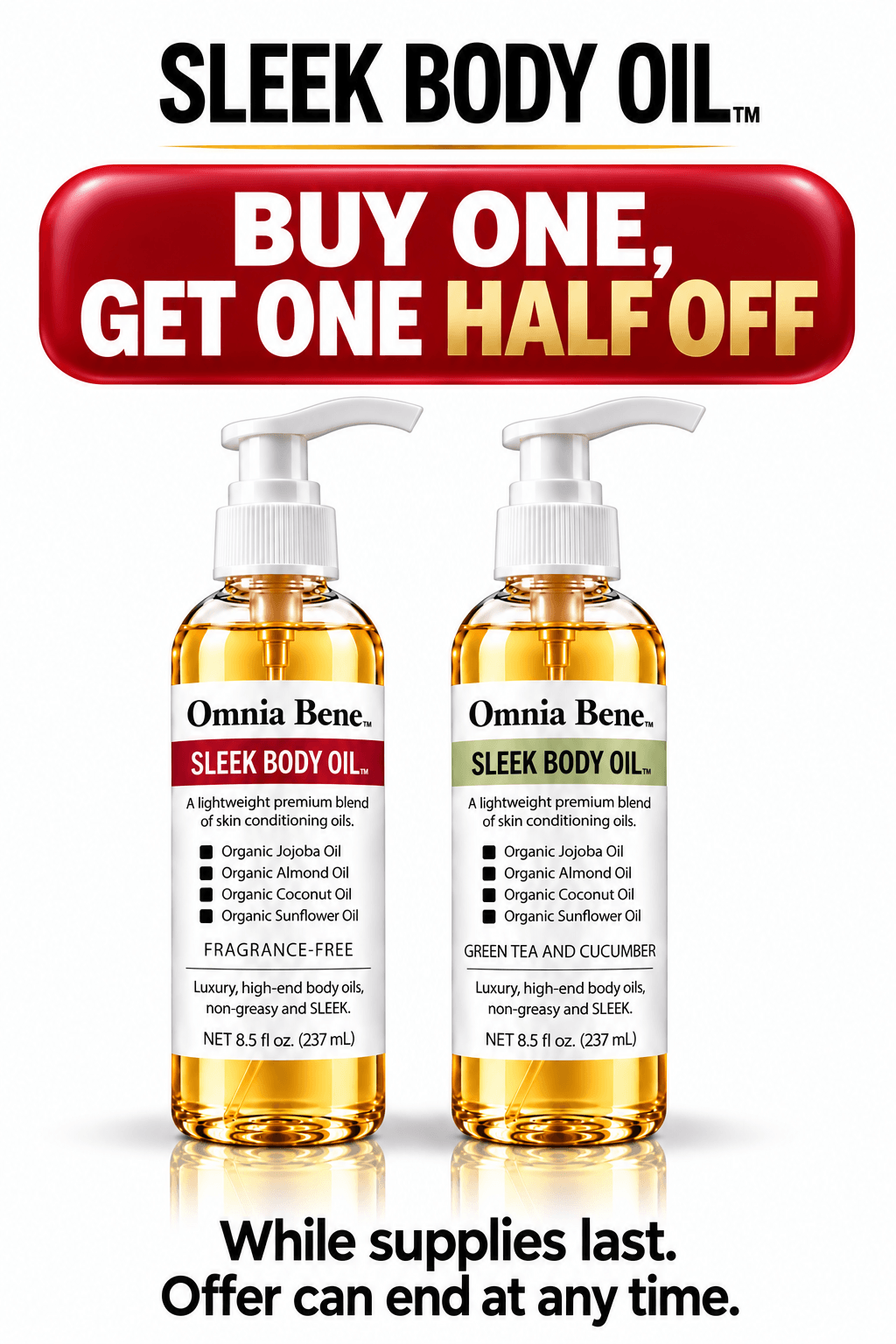 SLEEK Body Oil buy one get one at 50% off promotion from Omnia Bene