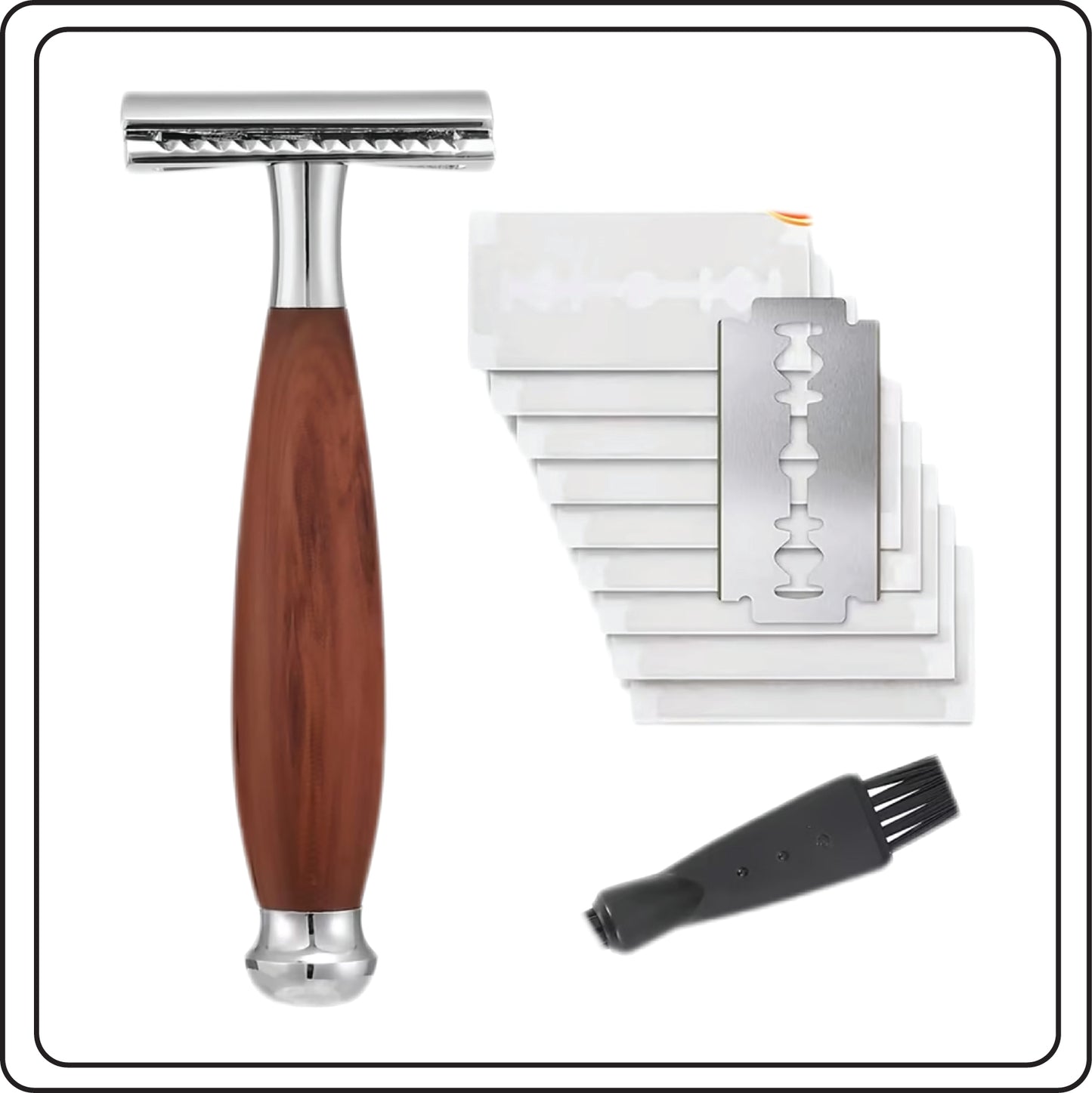 Safety shaving razor with wooden handle, multiple razor heads, and a brush on a white background