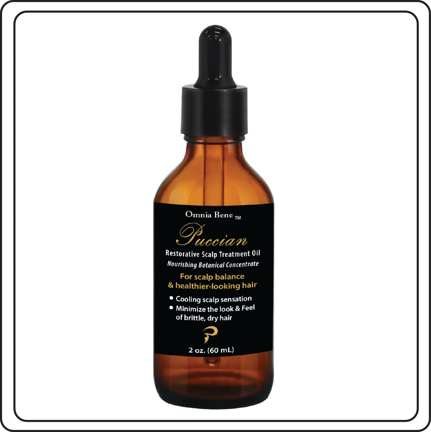 brown amber dropper bottle with black, white and gold foil label called Restorative Scalp Oil