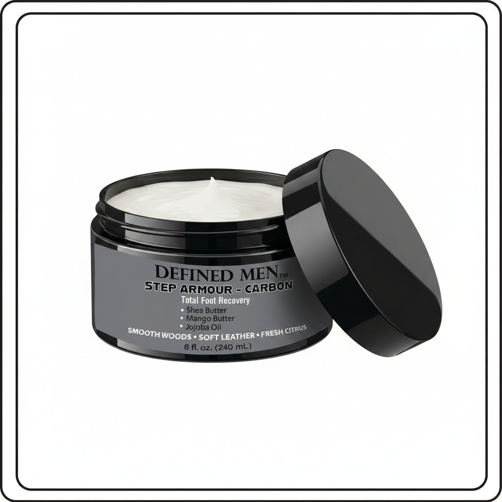 Black jar of Defined Men Step Armor on a white background