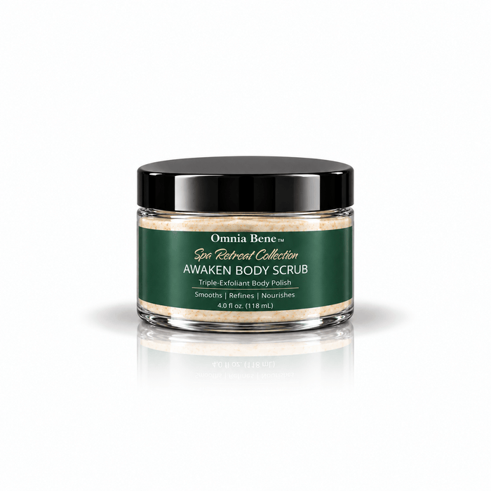 Omnia Bene Spa Retreat AWAKEN Body Scrub in a 4 fl oz trial size jar with a green label.