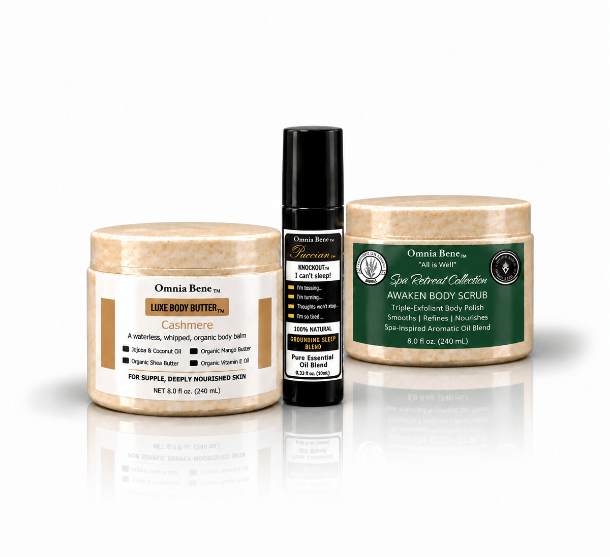 Omnia Bene LUXE Body Butter, AWAKEN Body Scrub and the KNOCKOUT sleep rollerball shown together as a set. A set of three - LUXE Body Butter, AWAKEN Body Scrub and the KNOCKOUT sleep rollerball. Scrub, moisturize, then roll the sleep blend on at bedtime. Organic butters and botanical oils, all waterless.
