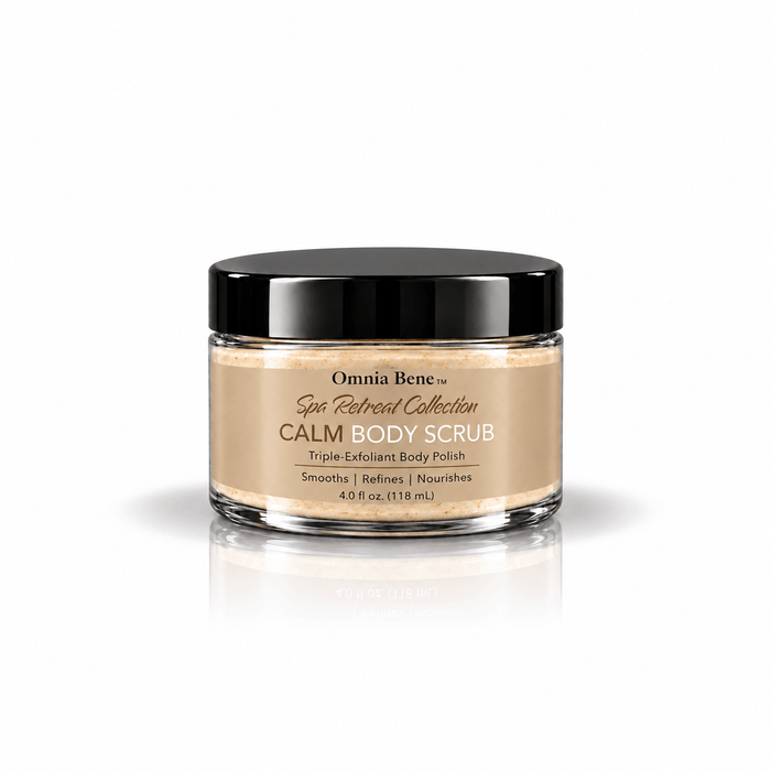 Omnia Bene Spa Retreat CALM Body Scrub in a 4 fl oz trial size jar with a bronze label.