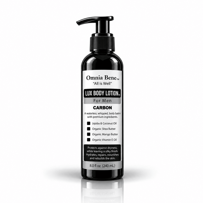 Omnia Bene LUX Body Lotion for Men in Carbon scent, 8 fl oz pump bottle. An 8 fl oz pump bottle of men's body lotion in Carbon scent, with organic shea and mango butters and botanical oils. For normal to dry skin. The Carbon scent is woodsy, citrusy and leather-like. Use alone, or after the Carbon body oil.