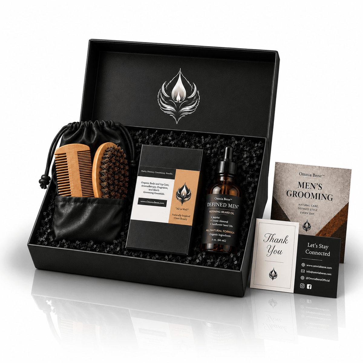 The Omnia Bene Defined Men beard manicuring set laid out in its black gift box with a thank you card.