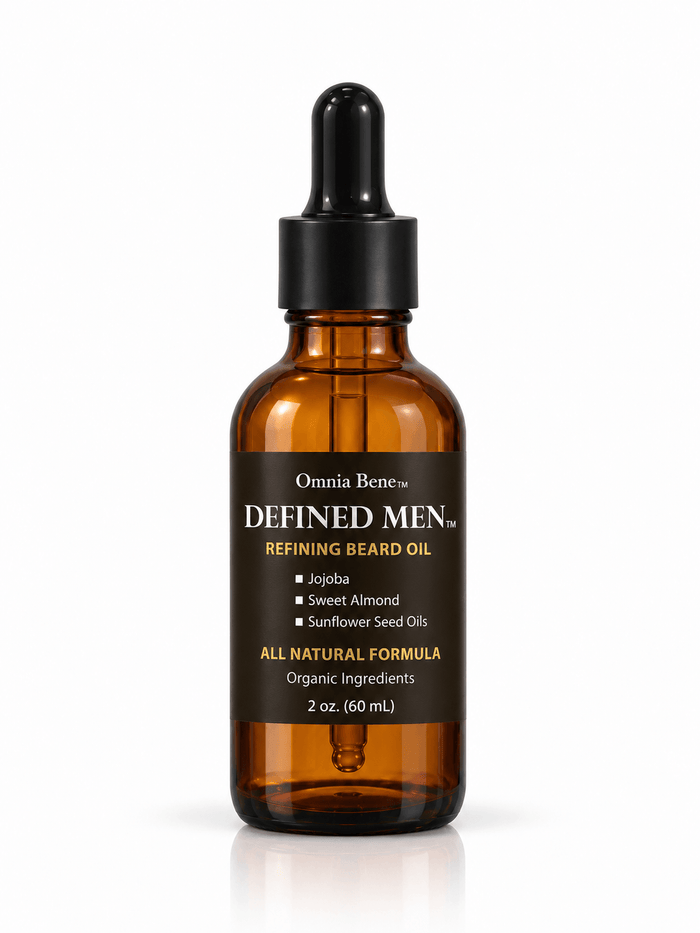 Omnia Bene Defined Men Refining Beard Oil in a 2 oz amber dropper bottle, all natural with organic ingredients. A 2 oz amber dropper bottle of beard oil, all natural with organic ingredients. It conditions the beard and the skin underneath, softens coarse hair and settles the itch. A few drops into the palms and through the beard.