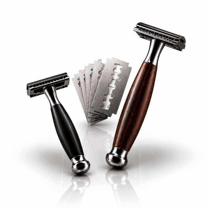 Omnia Bene professional double-edge safety razors with black and wood handles and a fan of spare blades.