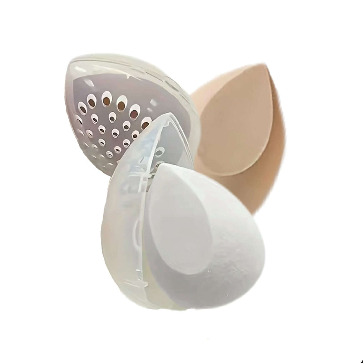 Omnia Bene ventilated hard plastic makeup sponge cases, open and closed, with a sponge inside.