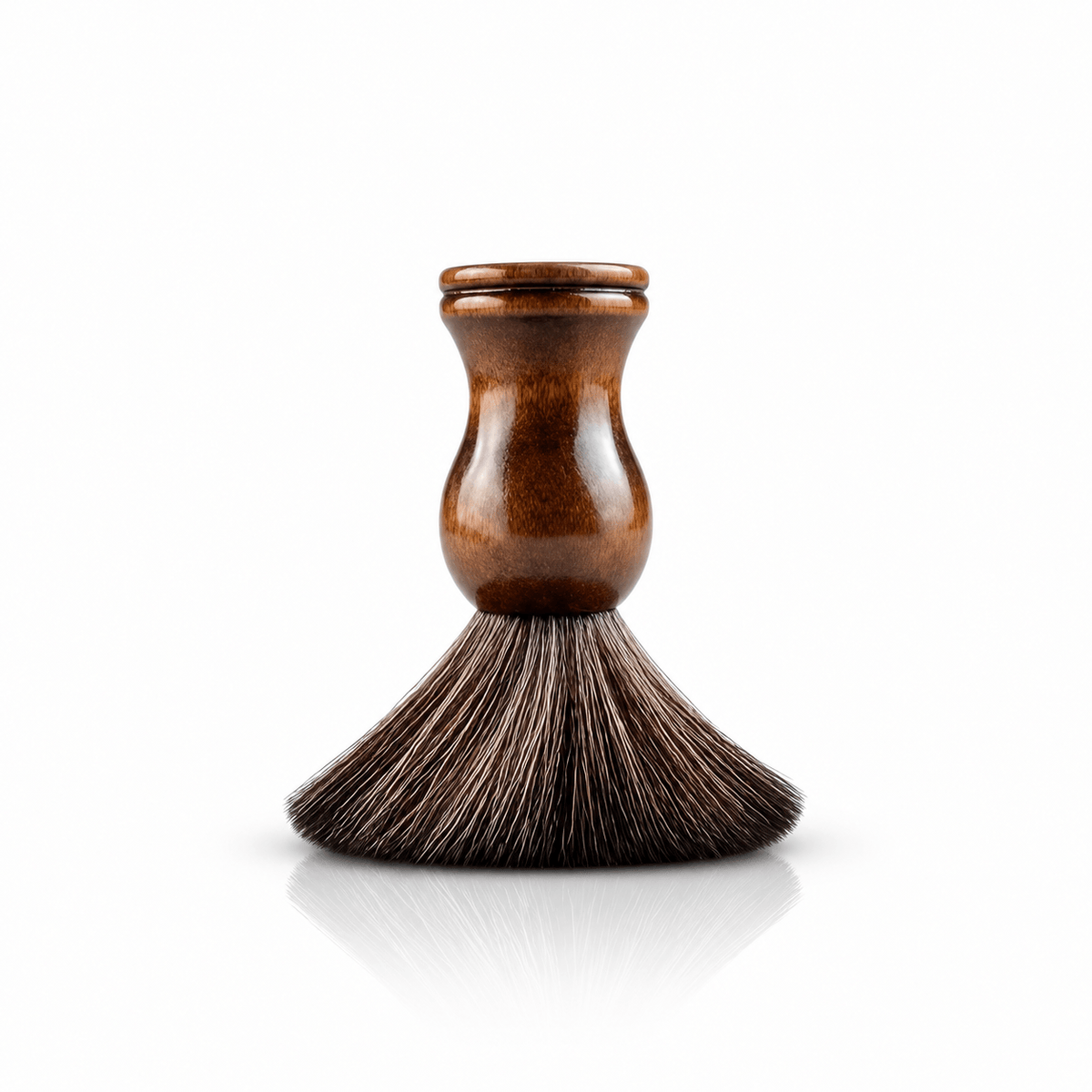 Omnia Bene Heritage shave cream brush with a polished wood handle, standing bristles down.