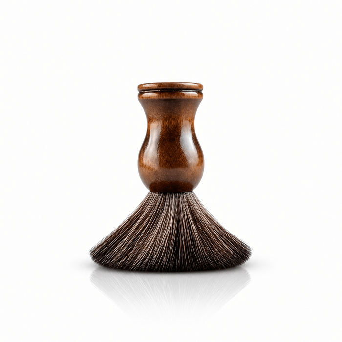 Omnia Bene Heritage shave cream brush with a polished wood handle, standing bristles down.