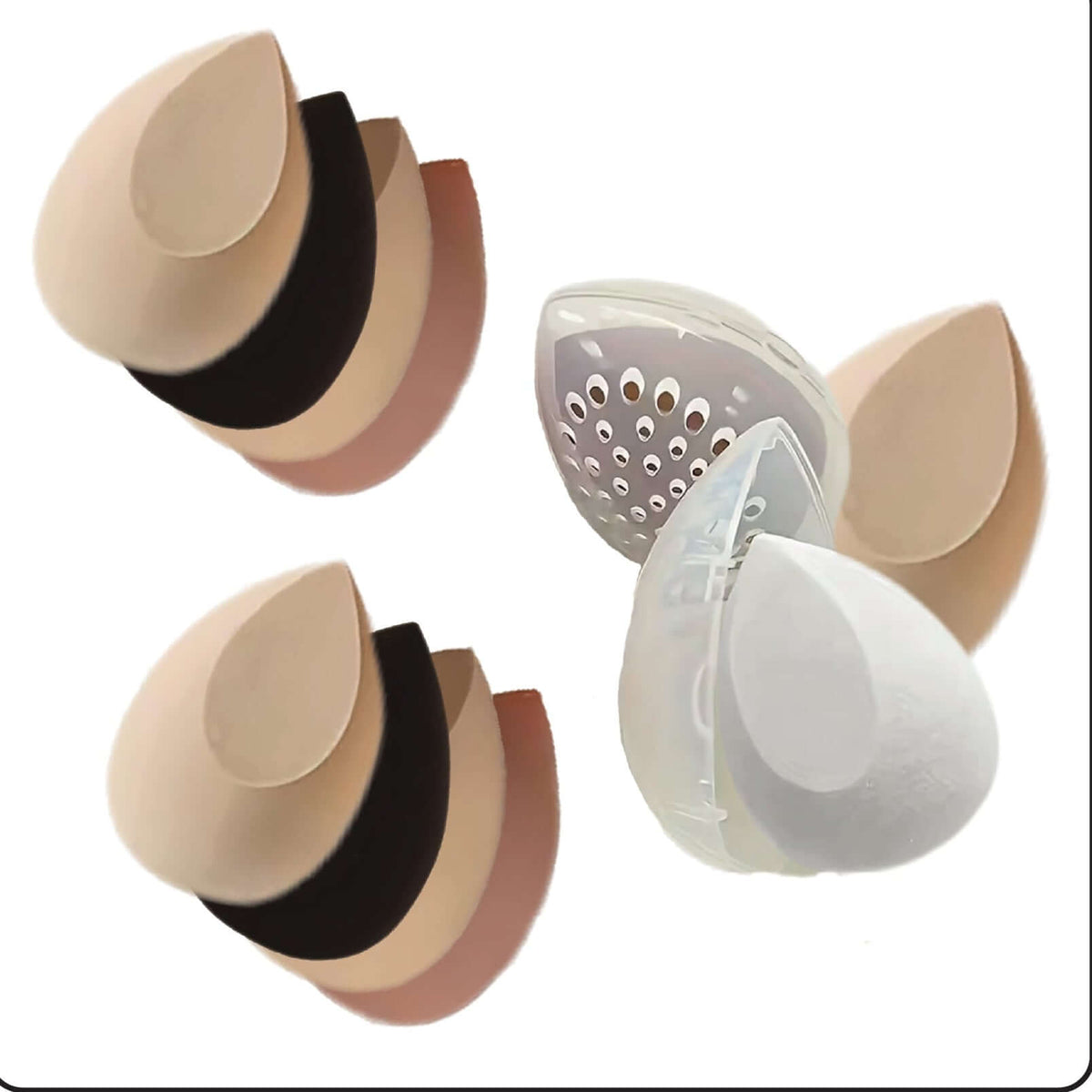 Omnia Bene makeup sponges set in nude, black and blush tones with ventilated protective cases.