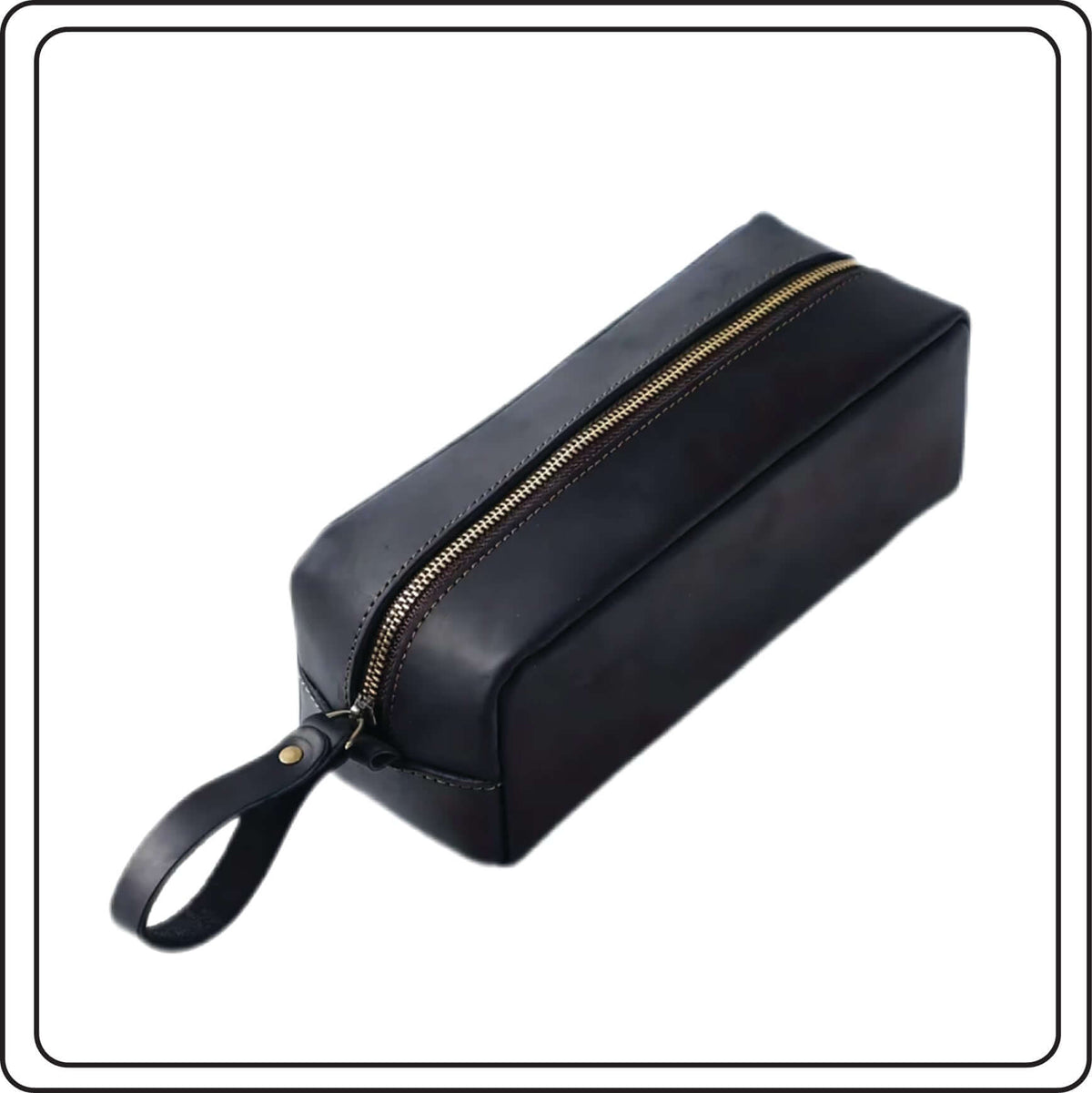 Omnia Bene medium Crazy Horse leather travel case in black with a brass zip and leather wrist loop.