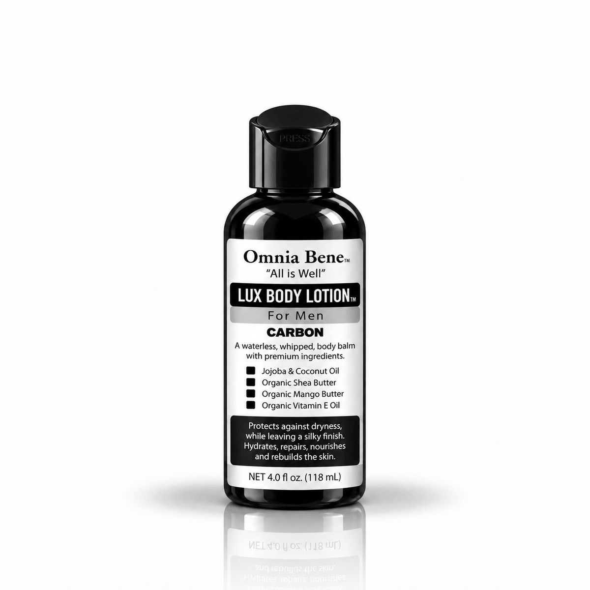 Omnia Bene LUX Body Lotion for Men in Carbon scent, 4 fl oz trial size.