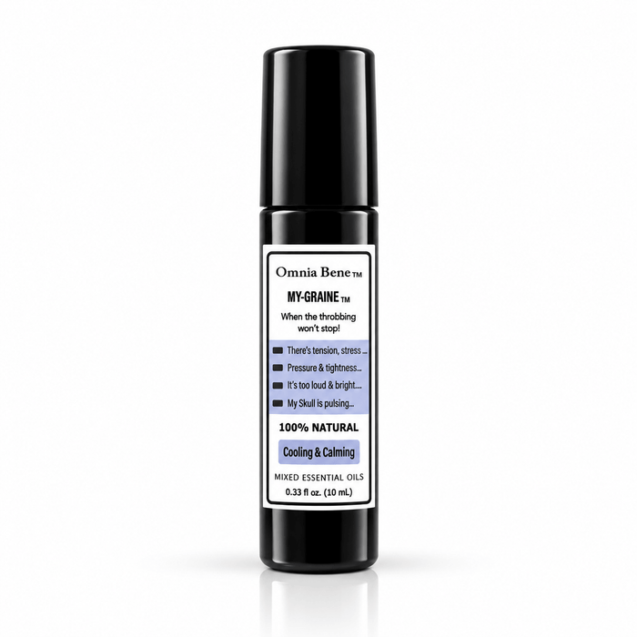 Omnia Bene MY-GRAINE cooling and calming aromatherapy rollerball, a 10 mL black roll-on. Peppermint, eucalyptus, lavender, Roman chamomile, juniper, frankincense and clary sage in a pure essential oil roll-on. For head tension and pressure. Cooling and clarifying - roll onto temples, the back of the neck and across the shoulders.