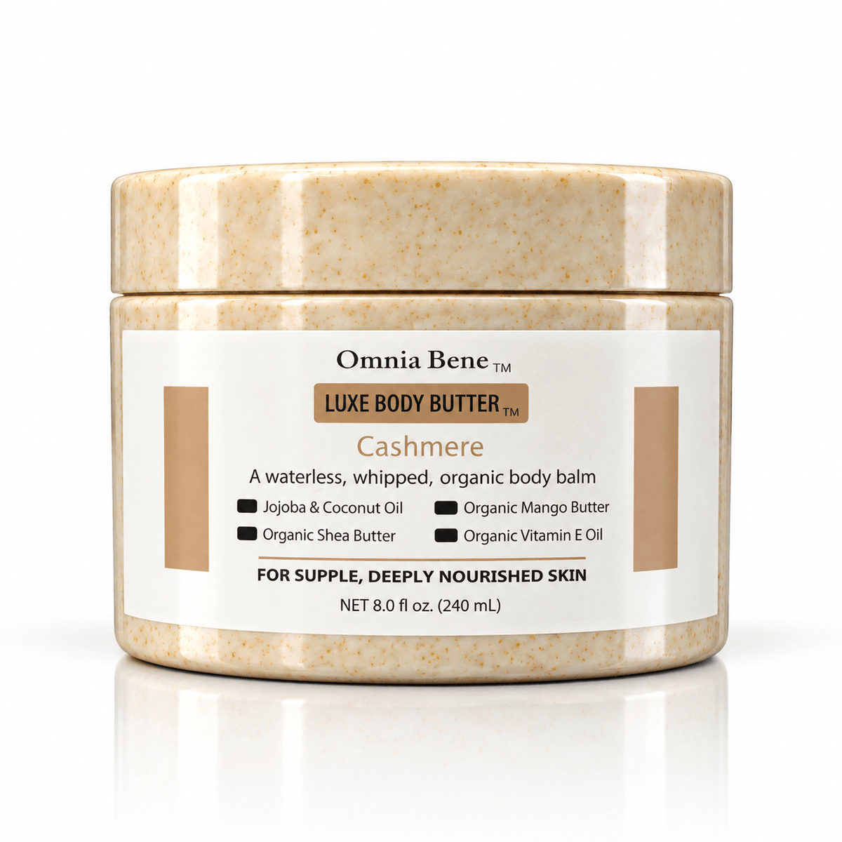 Omnia Bene Organic Luxury Body Butter in Cashmere - 8.5 oz jar of waterless whipped shea and mango butter balm for dry skin. Organic butters and botanical oils, waterless, nothing watered down. It is poured rather than whipped, so it sets a little firmer in the jar and then melts the moment it meets skin. Good any time, and after a bath or shower.