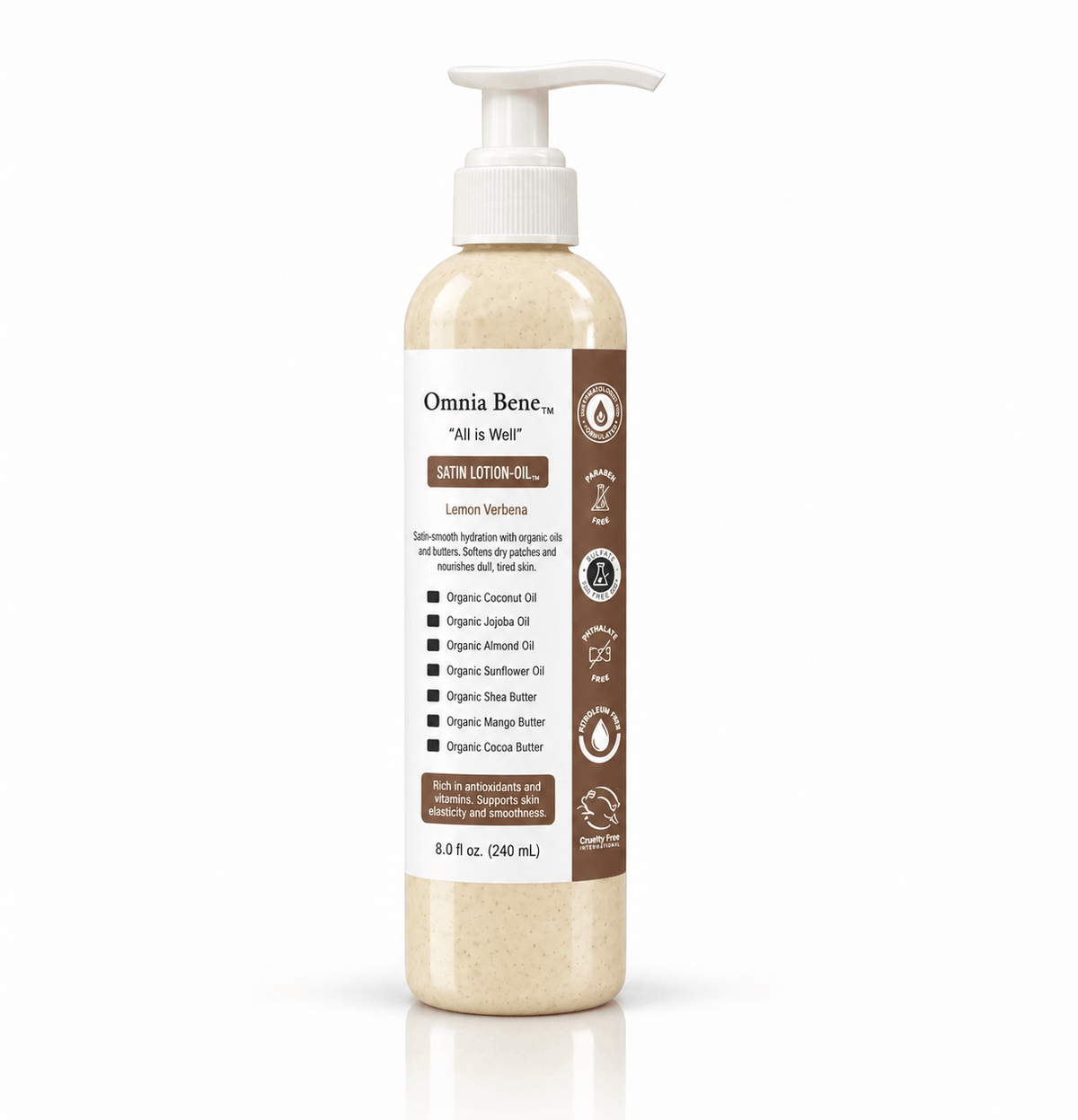 Omnia Bene Organic Satin Lotion-Oil in Lemon Verbena, an 8 fl oz pump bottle of organic oils and butters. Built on organic coconut, jojoba, almond and sunflower oils with shea, mango and cocoa butters. Satin-smooth hydration that softens dry patches and supports skin elasticity. Lighter than a butter, richer than a lotion.