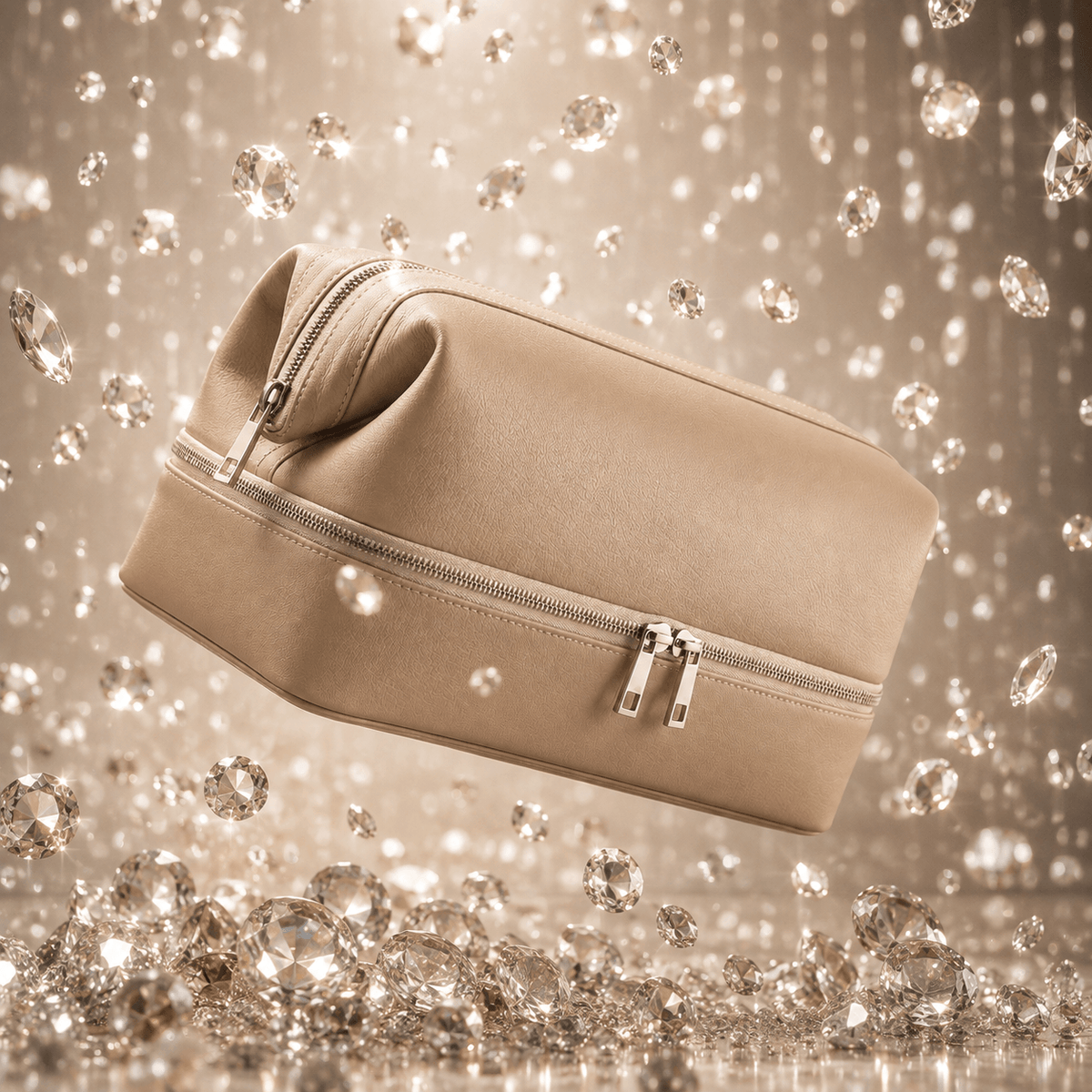 Omnia Bene Puccian Italian leather travel case in tan against a backdrop of sparkling crystals.