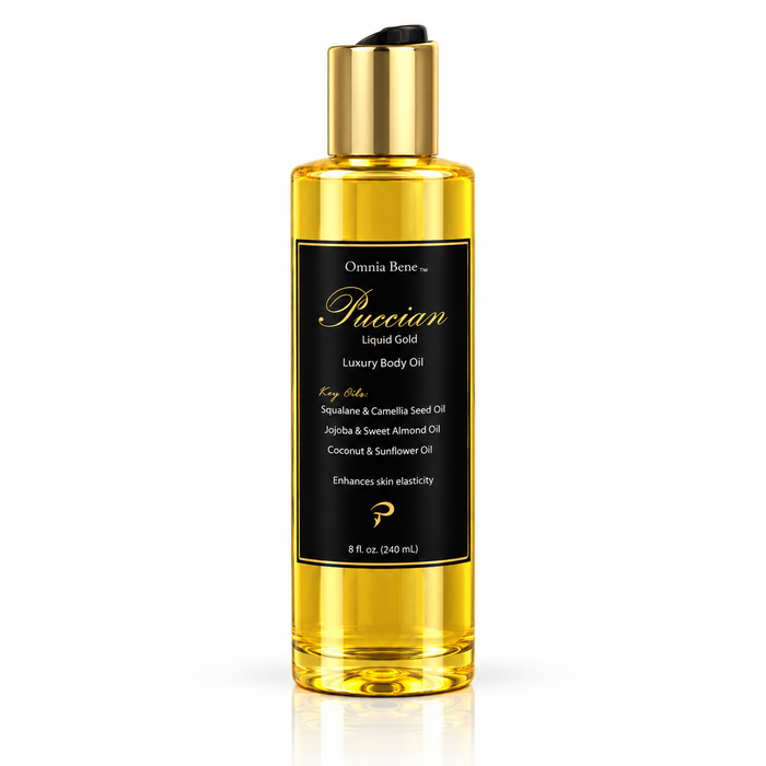 Omnia Bene Puccian Liquid Gold luxury body oil in a gold 8 fl oz bottle with a black and gold label. The Puccian treatment body oil, waterless and rich in organic botanical oils. For very dry, tired skin that needs more than a lotion. Warm a little between the palms and press it in after a shower.