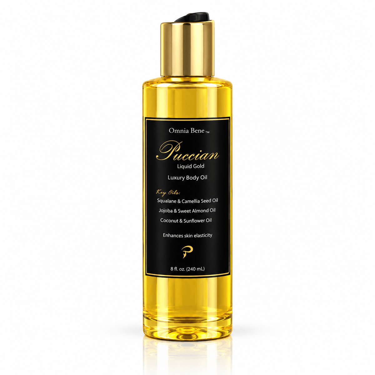 Omnia Bene Puccian Liquid Gold luxury body oil in a gold 8 fl oz bottle with a black and gold label. The Puccian treatment body oil, waterless and rich in organic botanical oils. For very dry, tired skin that needs more than a lotion. Warm a little between the palms and press it in after a shower.
