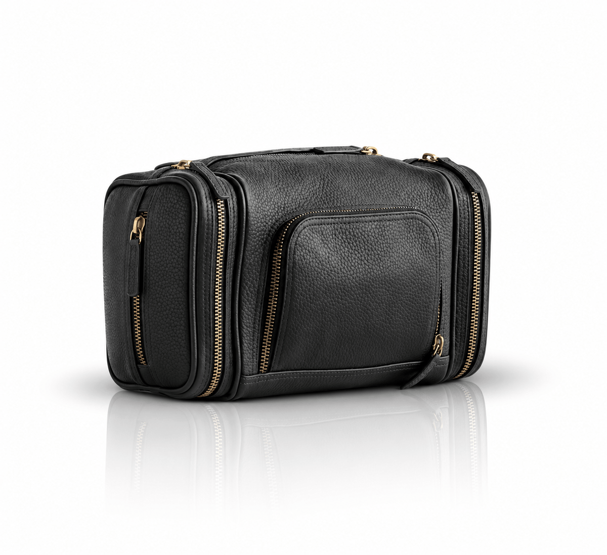 Omnia Bene Puccian Nappa leather travel dopp kit in black with zip pockets and brass hardware.