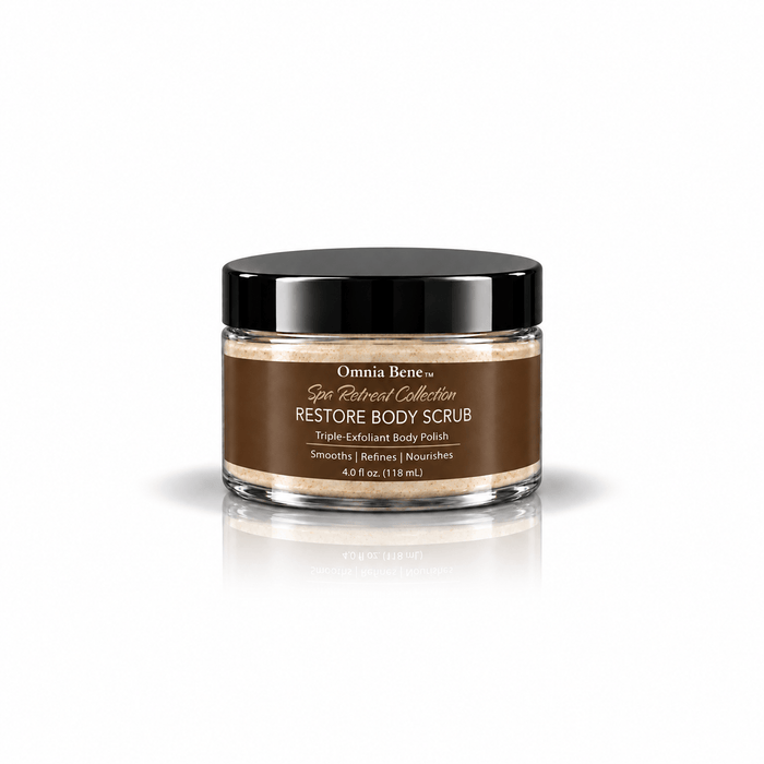 Omnia Bene Spa Retreat RESTORE Body Scrub in a 4 fl oz trial size jar with a brown label.