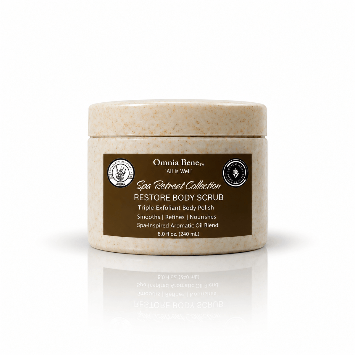 Omnia Bene RESTORE Body Scrub from the Spa Retreat Collection, a closed 8 fl oz jar with a deep brown label.