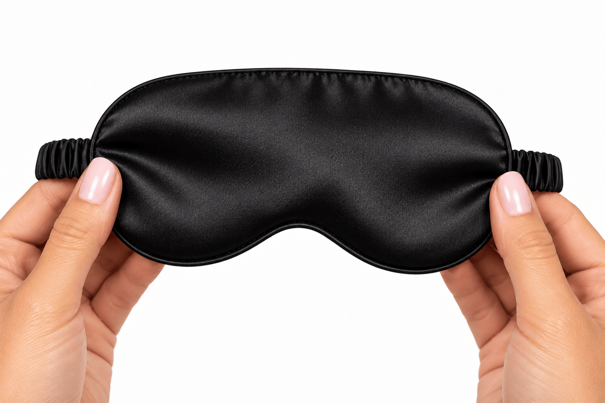 Hands stretching an Omnia Bene black satin eye mask to show its soft elastic band.