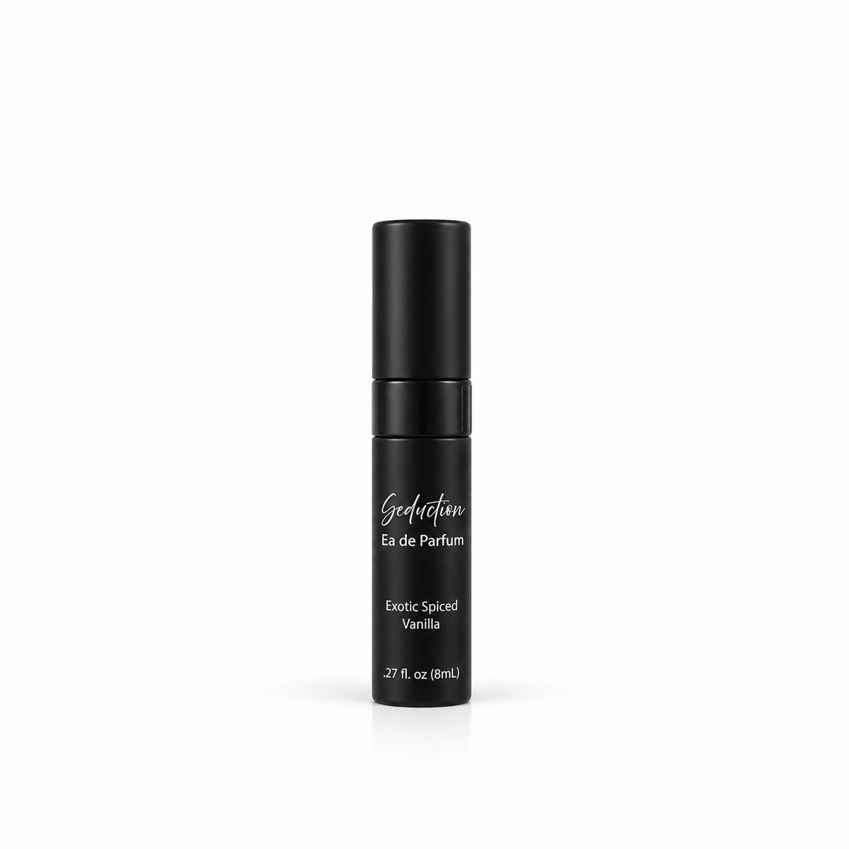 Omnia Bene Seduction eau de parfum, exotic spiced vanilla, in a black 8 mL travel spray. An 8 mL black travel spray. Exotic spiced vanilla, warm and deep, for evening.