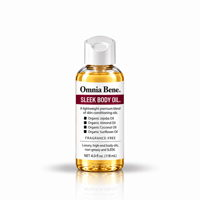 Omnia Bene SLEEK Body Oil, fragrance free, in a 4 fl oz trial size bottle.