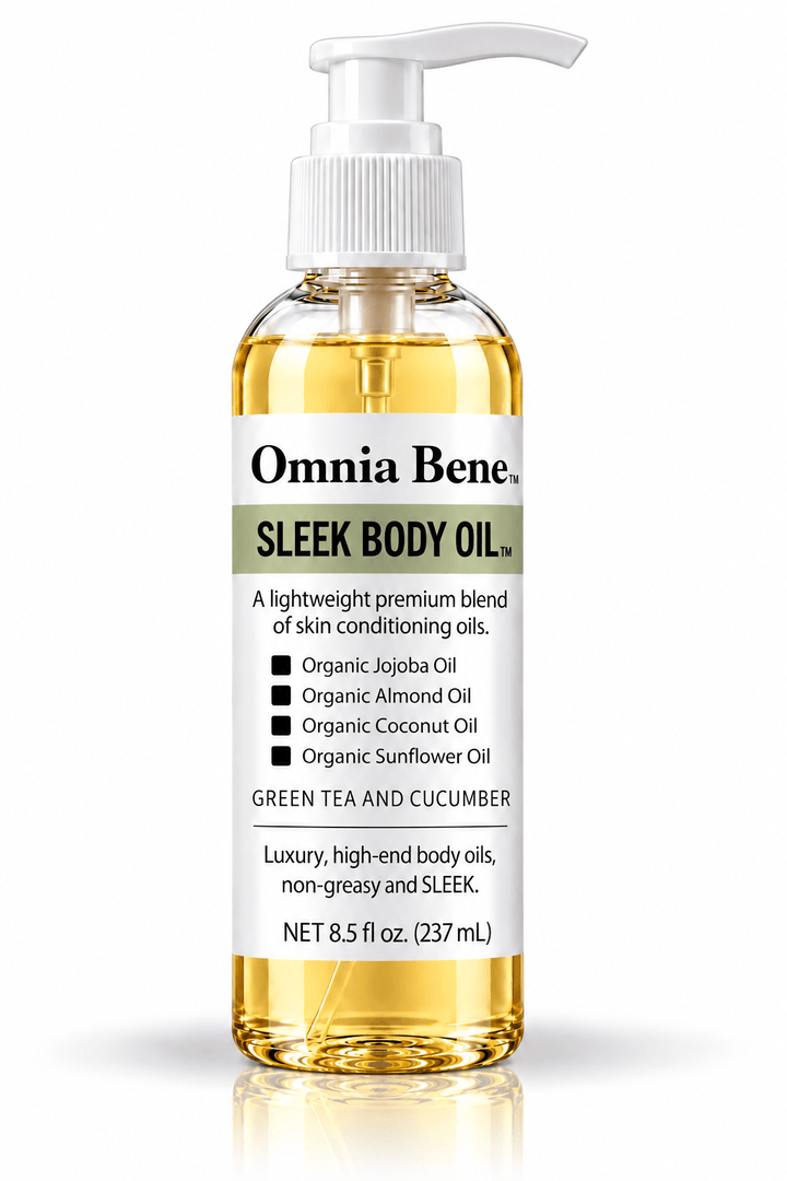Omnia Bene SLEEK Body Oil in Green Tea and Cucumber, an 8.0 fl oz pump bottle of lightweight organic skin oil. Waterless and fast absorbing, built on organic botanical oils with no mineral oil and no petroleum. Also in White Tea and Bergamot, or fragrance free. Smooth over damp or dry skin - it sinks in without the heavy, slippery finish of an ordinary body oil.