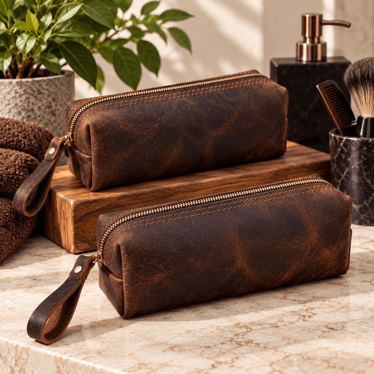 Two Omnia Bene small Crazy Horse leather toiletry cases stacked on a wooden stand in a bathroom.