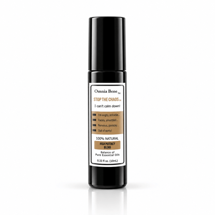 Omnia Bene Stop The Chaos aromatherapy rollerball, a 10 mL black roll-on of pure essential oils. A concentrated blend of pure botanical essential oils, no alcohol and no water. For overwhelming days when thoughts will not settle. Roll onto pulse points, wrists and temples and breathe.