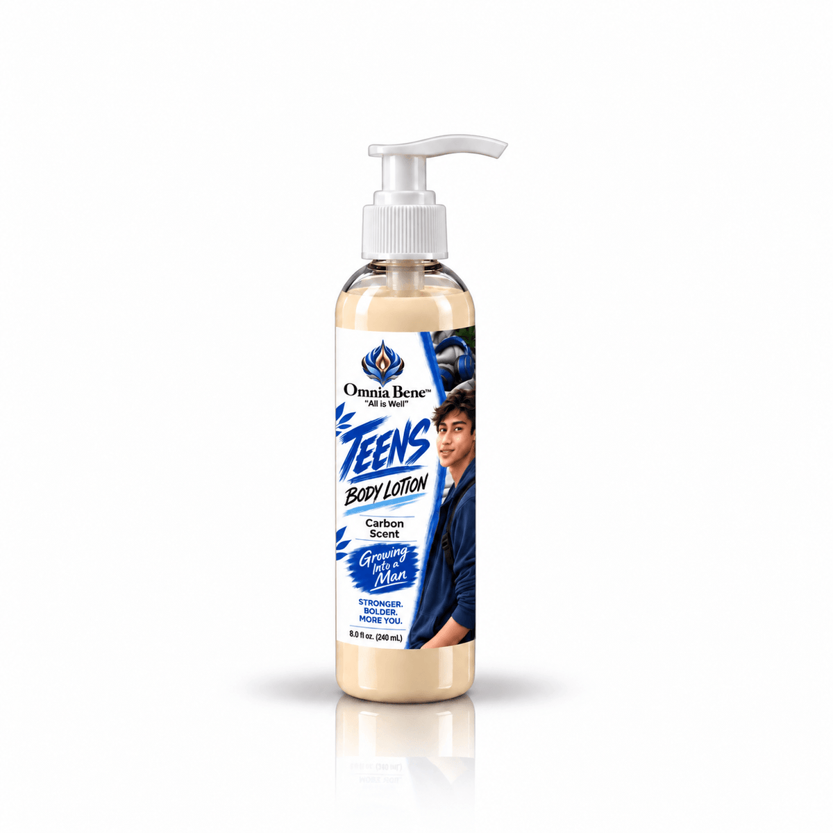 Clear bottle with lotion inside, Omnia Bene Teen Boys Body Lotion Carbon scent 8oz pump bottle on white and blue label on white background. Organic butters and botanical oils. For teen boys and young men. Scent is woodsy, citrusy and leather-like. Deep moisturizer used alone or after Teen boys Caron Body Oil.