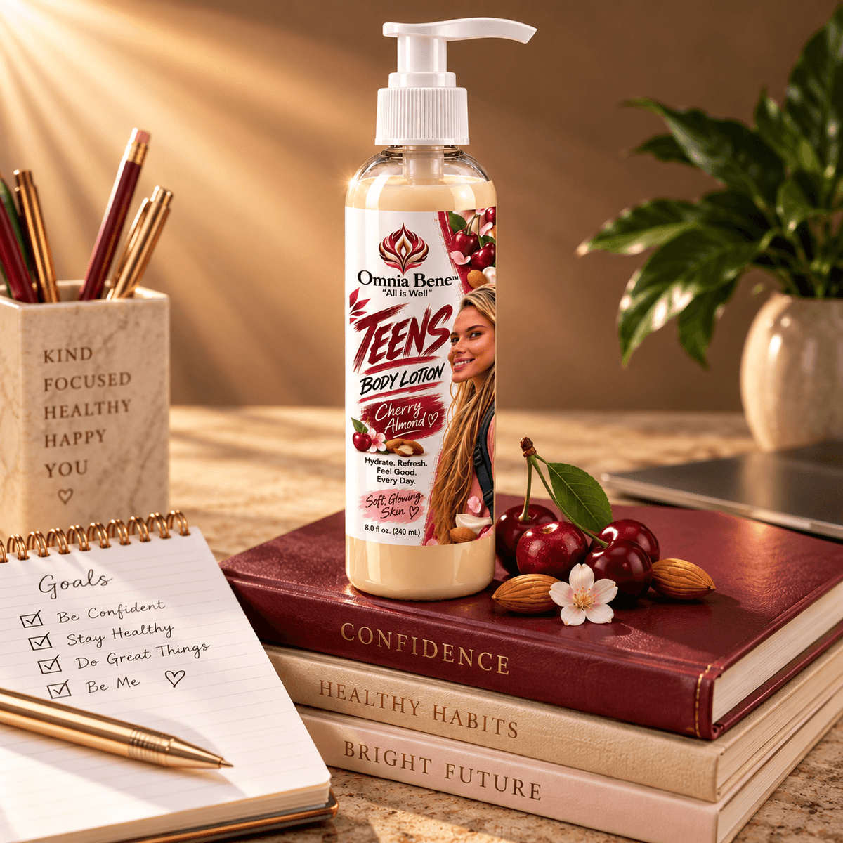 Omnia Bene Cherry Almond Teens Body Lotion on a desk with books, a goals notebook, cherries and almonds.