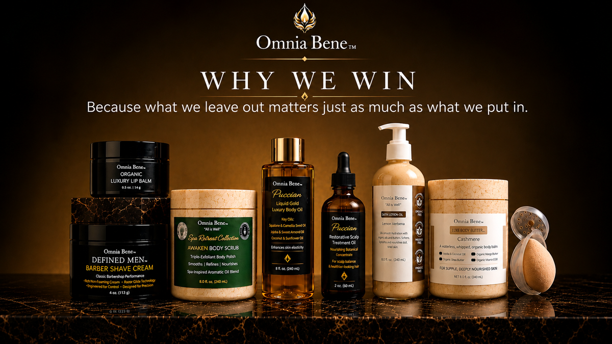 Load video: Omnia Bene offers naturally inspired, clean beauty body care products where lotions/body butter formulas are organic, and use no water or alcohol. They aren't packed with chemicals like petreum, sulfates, phthalates, or fillers.You desrve the best, what feels the best, what works the best, what's friendly to you and our environment, is cruelty free and made in the USA in small batches. A company with products that you can understand what's written on the labels.Omnia Bene gives all of this to you-we ae transparent.