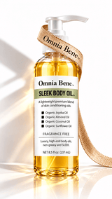 Omnia Bene SLEEK Body Oil, fragrance free, in an 8.5 fl oz pump bottle wrapped with an Omnia Bene ribbon.