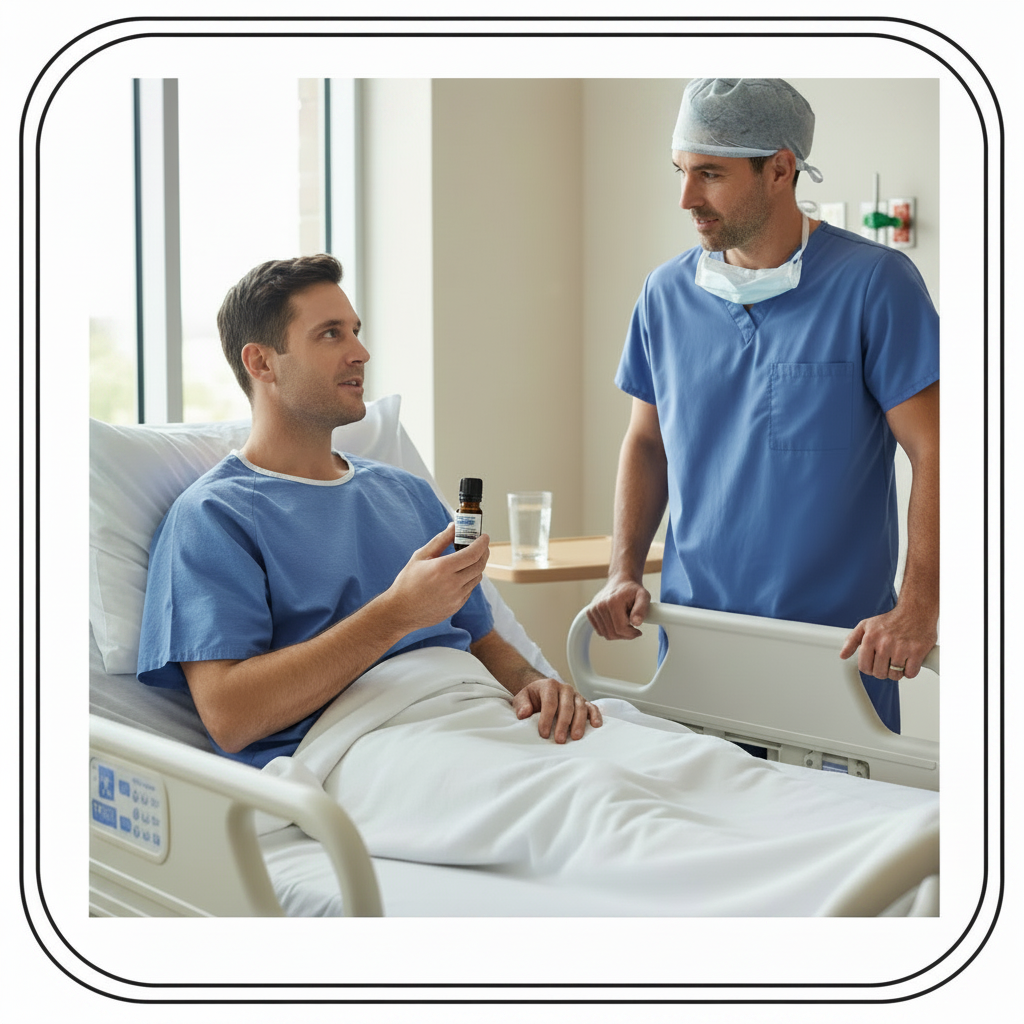 Doctor and patient in a hospital room discussing treatment with bottle of Exiting the OR