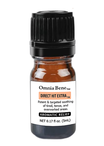 A 10mL amber glass bottle of Omnia Bene Direct Hit Extra Aromatic Relief with a black ribbed cap and a white label, shown on a plain white background.
