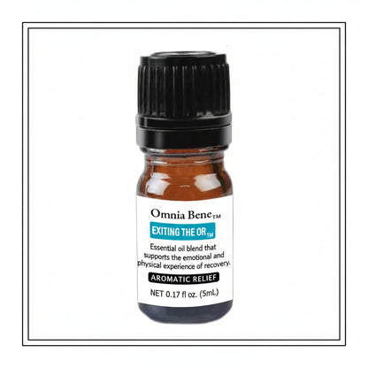 Essential oil bottle labeled 'Omnia Bene' Exiting the OR on a white background
