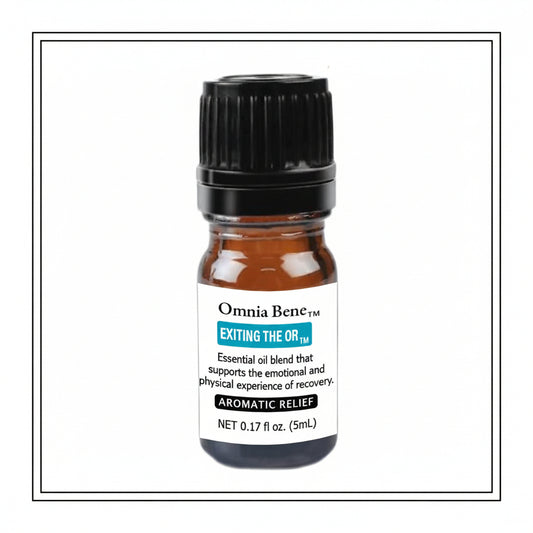 Essential oil bottle labeled 'Omnia Bene' Exiting the OR on a white background