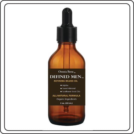 Omnia Bene Defined Men Refining Beard Oil 2oz amber dropper bottle — all-natural organic jojoba, sweet almond and sunflower seed oil beard conditioner, lightweight non-greasy beard softener for men
