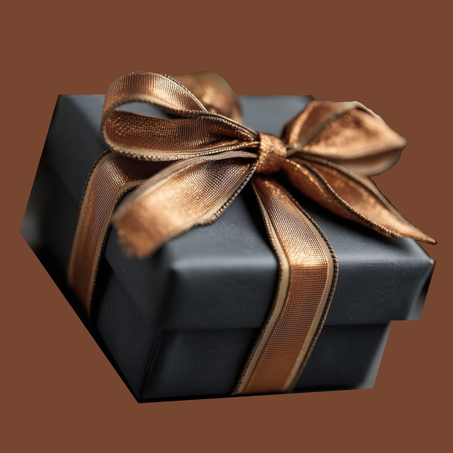 Black gift box with a brown ribbon on a brown background