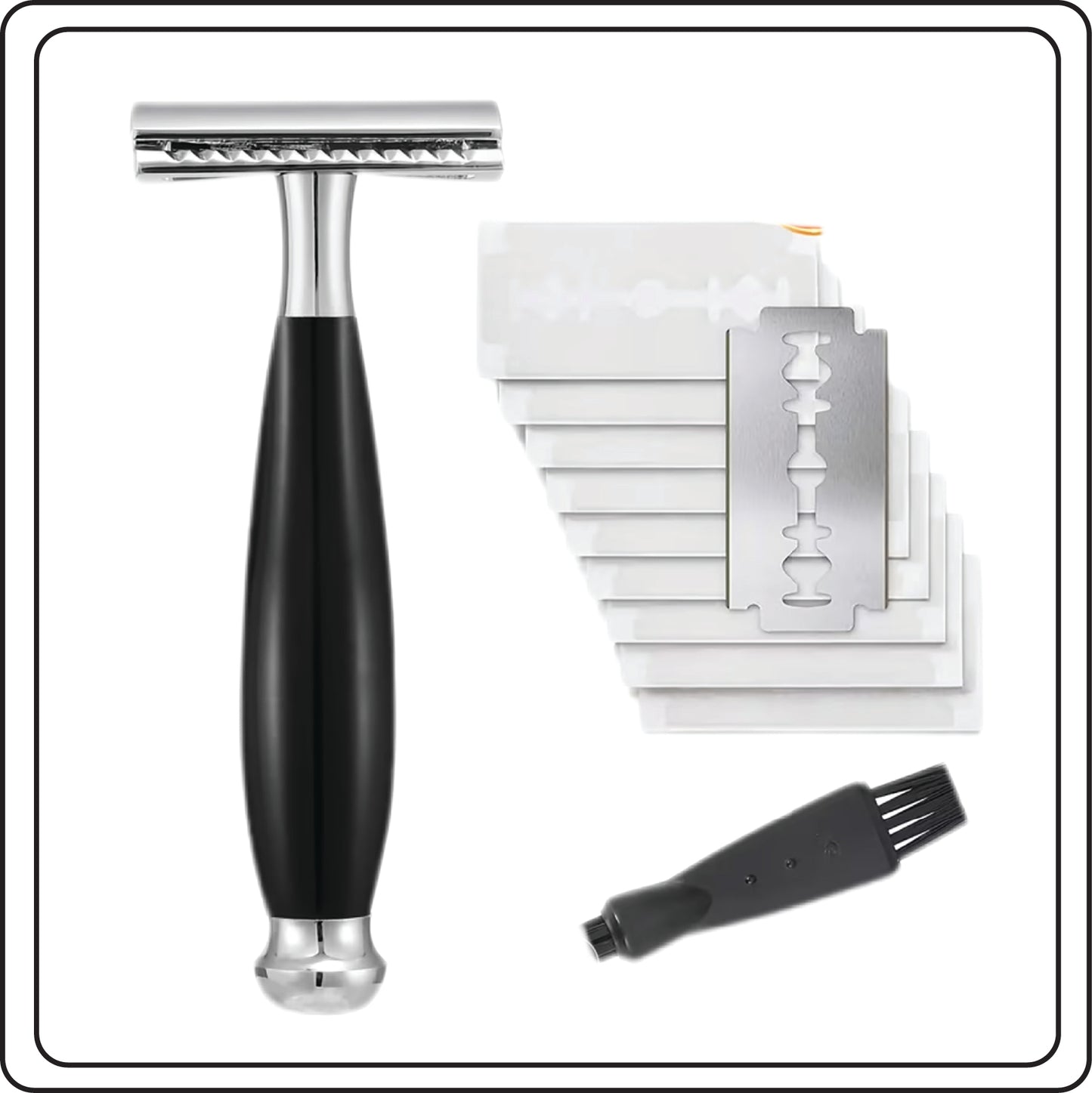 Black safety razor with multiple razor heads with a brush on a white background