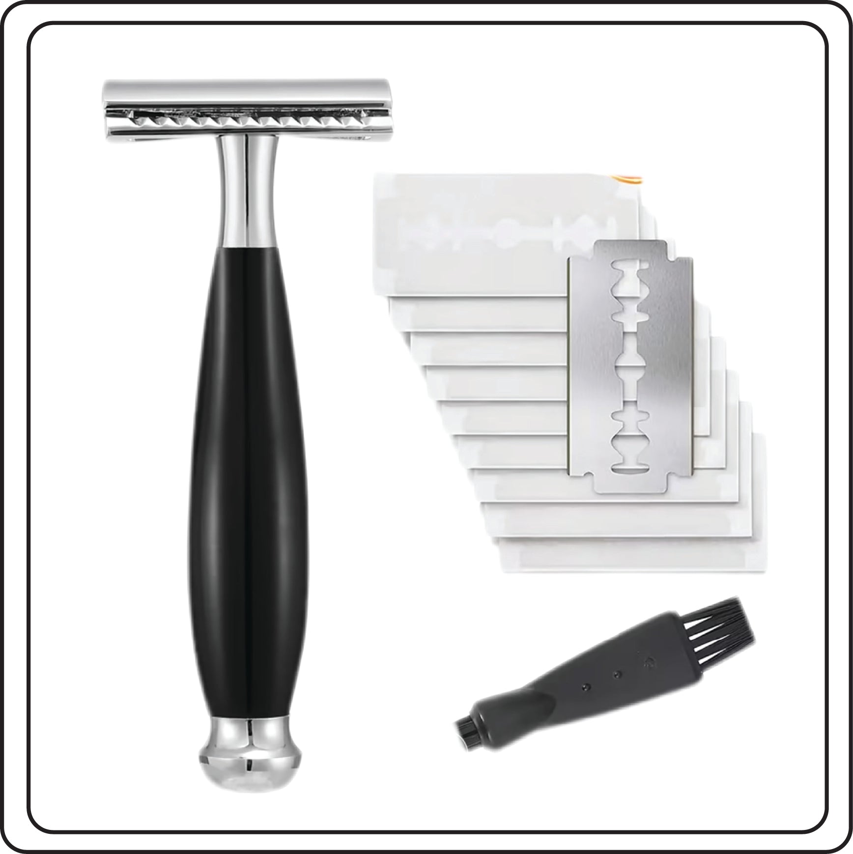 Black safety razor with multiple razor heads with a brush on a white background