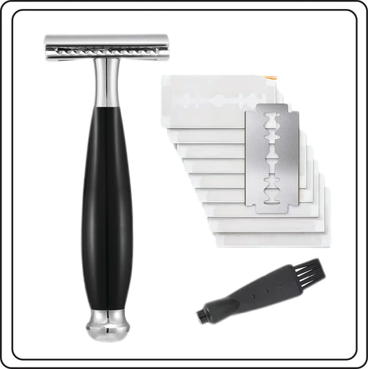 Black safety razor with multiple razor heads with a brush on a white background