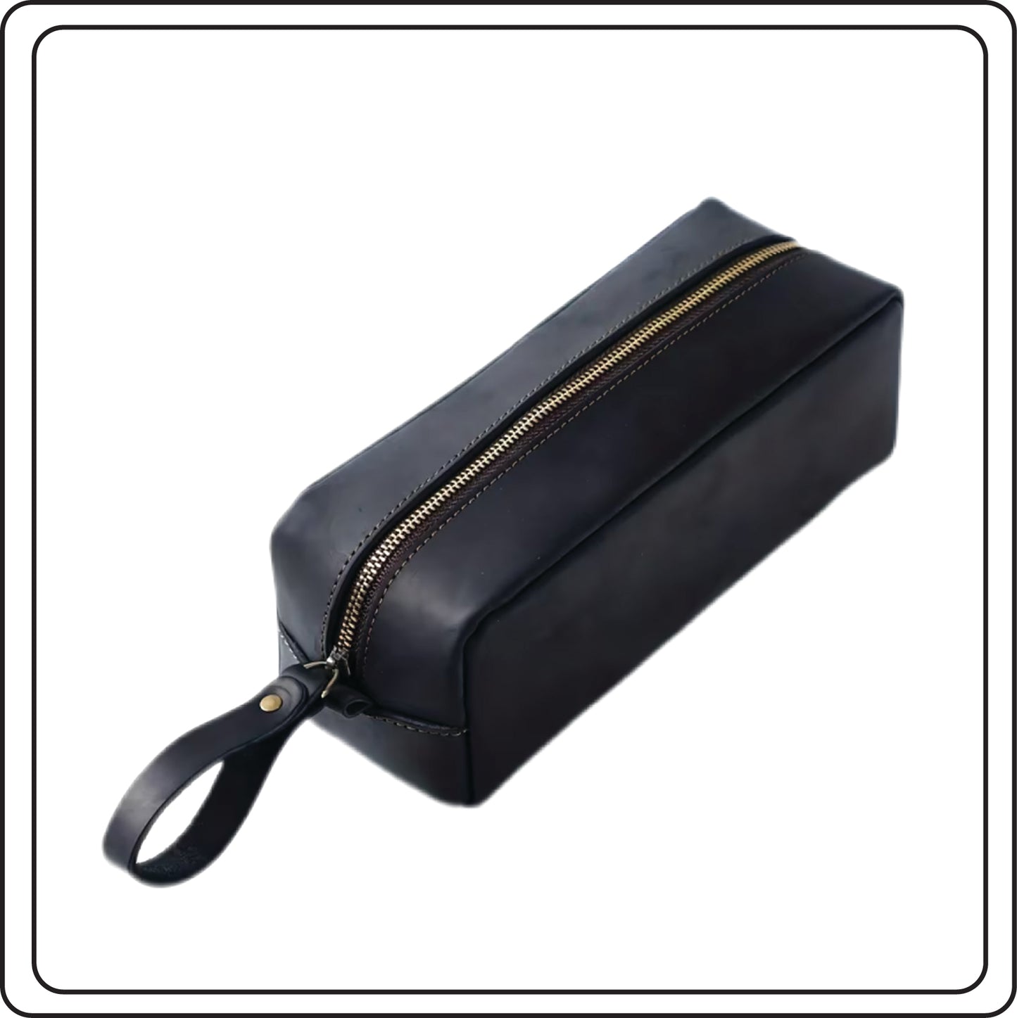 Black toiletry bag with gold zipper on a white background