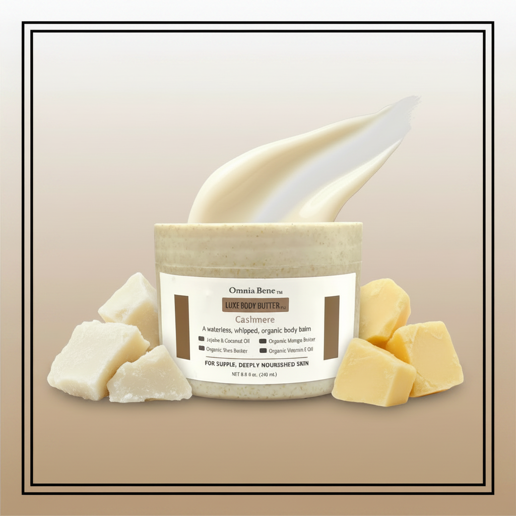 Jar of Omnia Bene Cashmere Luxe Body Butter with cashew pieces on a beige background